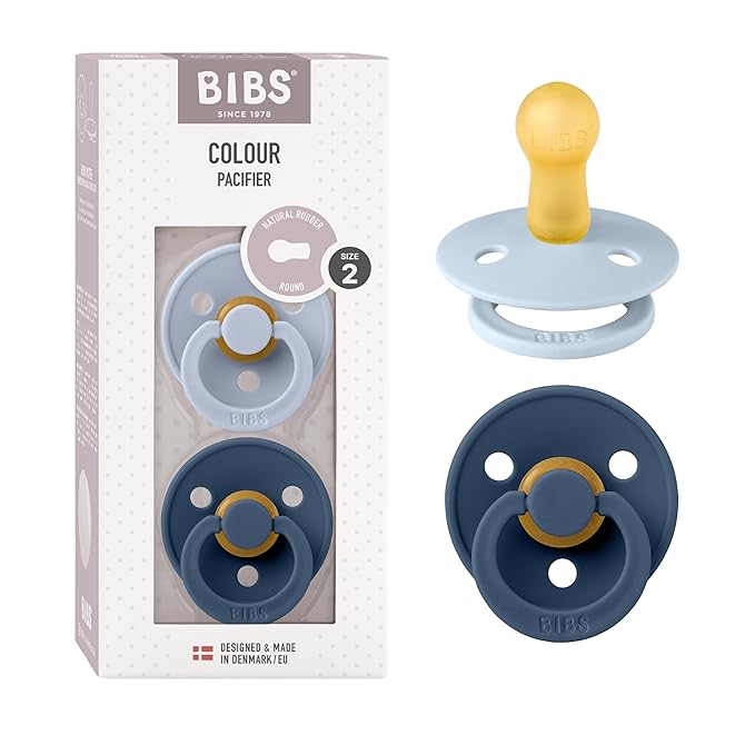 BIBS Pacifiers Colour Collection | Natural Rubber Baby Pacifier | Set of 2 BPA-Free Soothers | Made in Denmark | 6+ Months (Pack of 2) | Dusty Blue/Steel Blue
