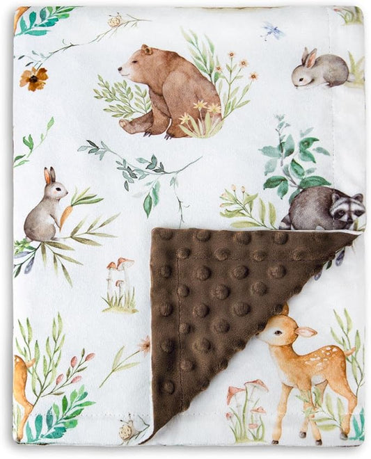 HOMRITAR Baby Blanket for Boys Girls Soft Plush Minky Blanket with Double Layer Dotted Backing for Toddler Nursery with Woodland Animals Printed 30 x 40 Inch (75 x 100 cm)