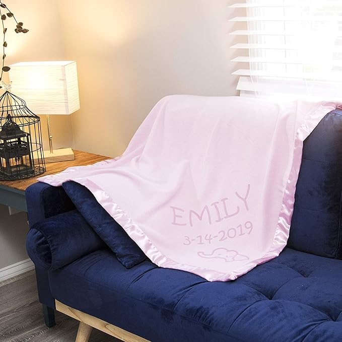 Custom Catch Personalized Elephant Baby Blanket for Girl - Newborn or Infant Name Gift - Pink or Blue (2 Lines of Text)