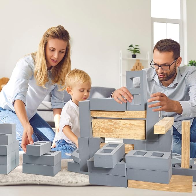 Deekin 25 Pcs Foam Brick Building Blocks and 12 Pcs Wooden Beam Foam Thick Cinder Blocks Large Fake Brick Builders Set for Construction and Stacking(Gray)