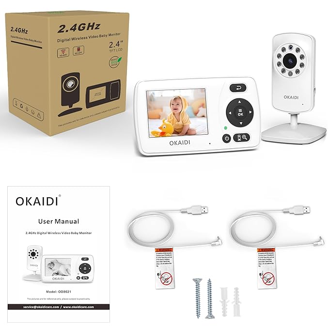 OKAIDI Video Baby Monitor with Camera and Audio, 2.4'' Portable Travel Baby Monitor No WiFi, Infrared Night Vision, VOX Mode, 1000ft Long Range, Ideal for Baby/Pet/Elderly