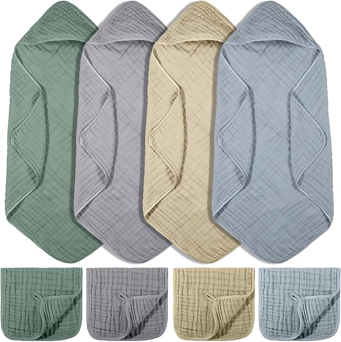 VitalCozy 8 Pcs Baby Muslin Hooded Bath Towels and Washcloths, 32 x 32 Inch Muslin Hooded Baby Towels Absorbent Blankets for Gift Newborn Infant Shower (Pastel Color)