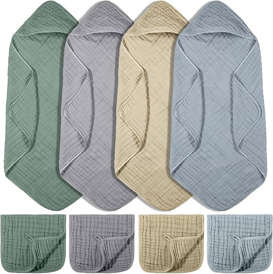 VitalCozy 8 Pcs Baby Muslin Hooded Bath Towels and Washcloths, 32 x 32 Inch Muslin Hooded Baby Towels Absorbent Blankets for Gift Newborn Infant Shower (Pastel Color)