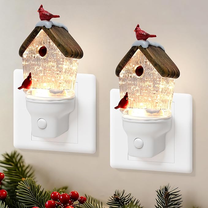 2 Pack Christmas Birdhouse Night Light Plug into Wall Glitter Water Nightlight with USB/Outlet Options, Christmas Decorative Nightlight for Bedroom Kitchen Holiday Decorations Gifts (Birdhouse)