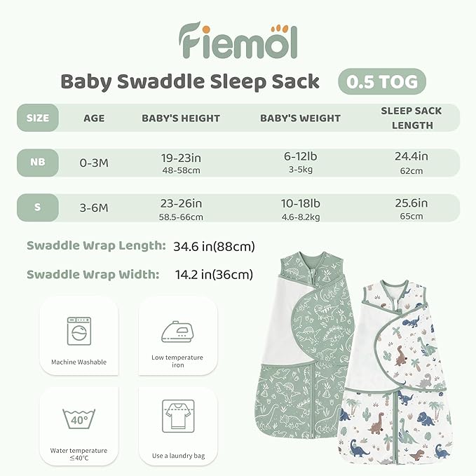 Baby Swaddle Sleep Sack 3-6 Months, Swaddles for Newborns Boy Girl, 3-Way Adjustable Infant Swaddle Wearable Blanket with Zipper & Detachable Wrap, 2 Pack Soft Snug Green Dinosaur