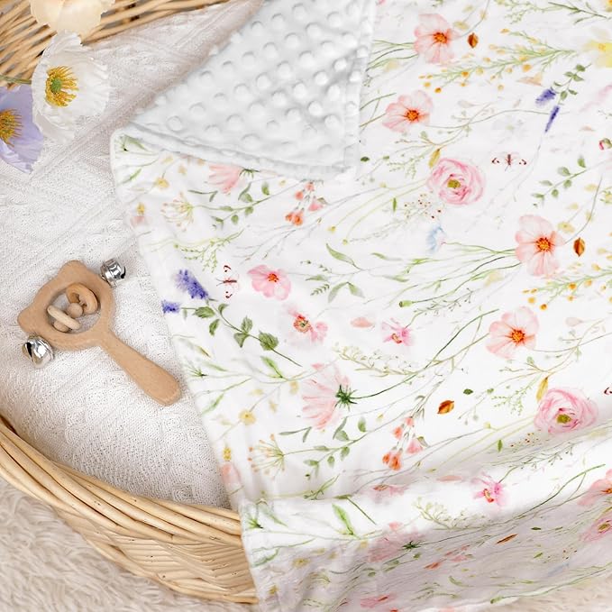 Super Soft Minky Toddler Blanket 30x40 Inches, Double Layer, Dotted Backing, Floral Baby Crib Blanket for Nursery, Car Seat, Pet, Colorful Flowers