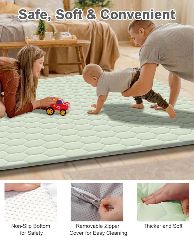 Premium Foam Baby Play Mat 71" x 59" with Removable Cover, Extra Thick Padding Playpen Mat, Non-Slip Floor Mat, Stylish & Easy to Clean for Crawling Baby, Infants & Toddlers, Green