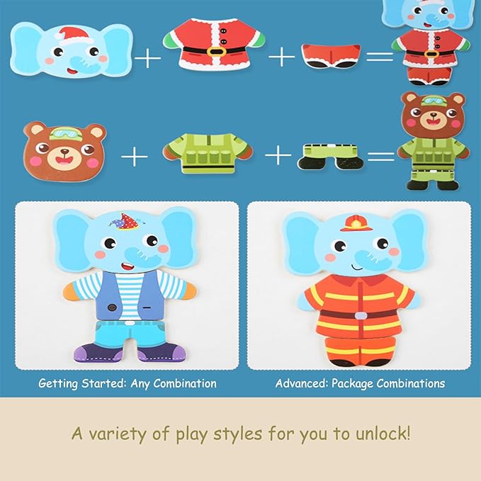 Wooden Jigsaw Bear Family Puzzle Box, Dressing Puzzles Toys, Dress-up Puzzle Set（72 pcs） (Mixed)