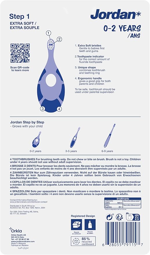 Jordan* | Step 1 Baby Toothbrush | 0-2 Years, Soft Bristles, BPA Free | Green & Blue | 4 Pack