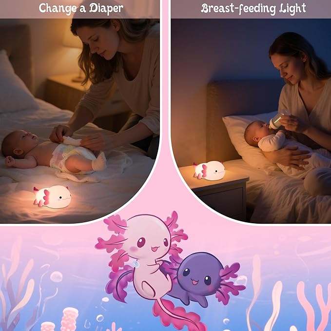 Axolotl Night Light for Kids, Cute Axolotl Silicone Lamp Rechargeable, Squishy Animal Light with Timer Dimmable, Nursery Decor Birthday Holiday Gifts for Girl Boy