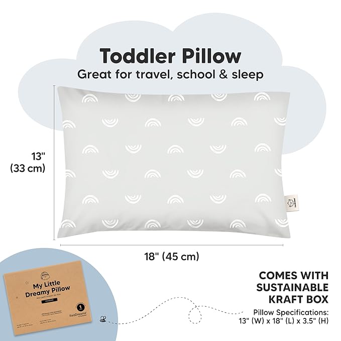 KeaBabies Toddler Pillow 13x18 - Soft Organic Cotton Kids Travel Bed Pillows for Sleeping, School, Nap, Machine Washable, Toddlers 2 to 5, Pillowcase Sold Separately (Gray Rainbow)