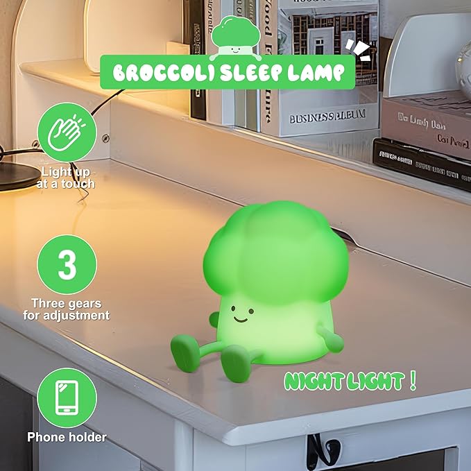Cute Broccoli Night Light, LED Squishy Novelty Baby Night Lamp, 3 Levels Dimmable Timer Nursery Nightlight for Kids, Rechargeable Touch Bedside Lamp, Bedroom Dorm Decor, Baby Boys Girls Gifts
