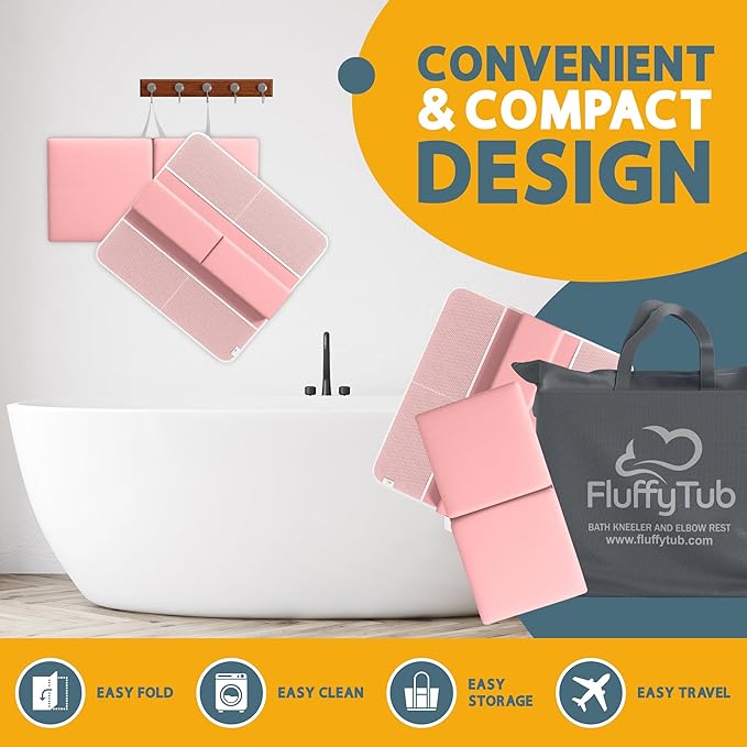 Memory Foam Bath Kneeler and Elbow Rest Pad Set, 2-Inch Thick, Water-Resistant Mat – Baby Bath Time Essentials Cushion and Bath Kneeling Pad for Bathing Baby with Bathtub Toy Organizer (Pink)