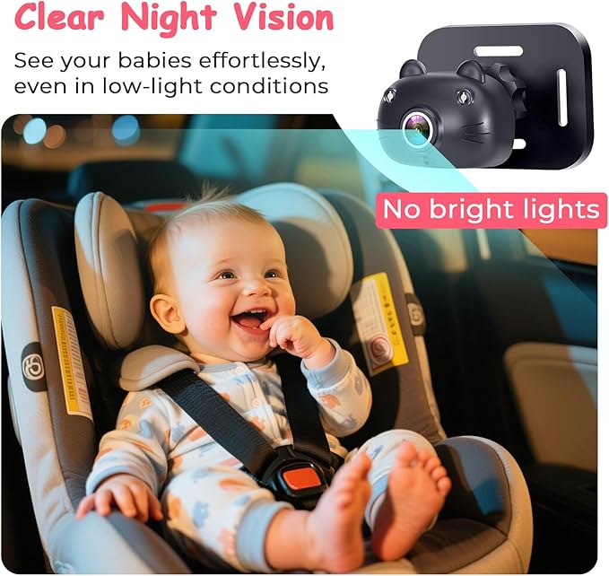2-Kids Baby Car Camera Recording: HD 1080P Dual Backseat Cameras with 7” Split-Screen Display - Night Vision, 360° Rotation, Easy Installion for Twins & Siblings