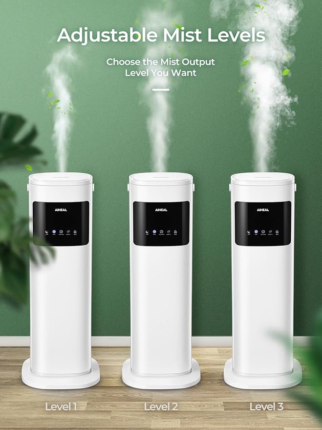 Aiheal Humidifier for Large Room Home, 10.5L Top Fill Cool and Warm Mist Ultrasonic Floor Humidifiers for Baby and Plants with Customized Humidity, Timer, Sleep Mode, Auto Shut Off, Quiet, White