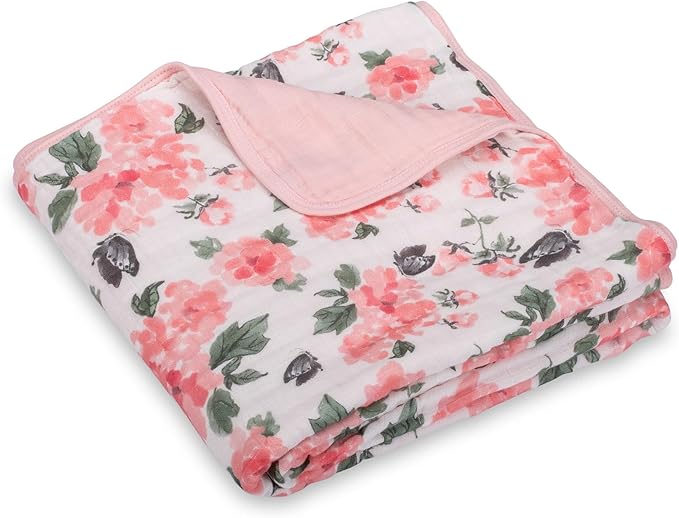 LollyBanks Muslin Baby Blanket 100% Organic Cotton, Muslin Quilt Lightweight, 6 Layers Soft Blanket for Girls, 47"x 47" Toddler Blankets, Nursery Receiving Blankets (Pink Peony Print)