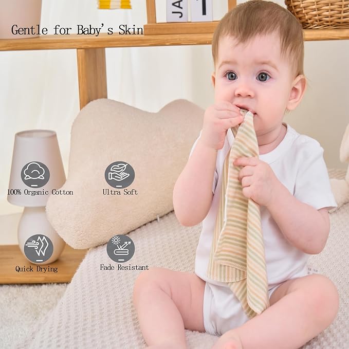 10-Pack Organic Baby Washcloths - Ultra Soft Organic Cotton Reusable Towels, Gentle for Newborn Sensitive Skin, Perfect for Baby Towels, Feeding & Travel Care (Multicolor)