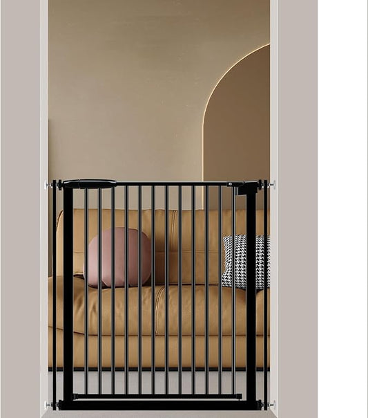 DEARBB Extra Wide Baby Gate Ultra Narrow Spacing 30.11-77.36" Pressure Mounted Double Lock Swing Auto Close Walk Through Metal Safety Pet Gate for Stairs and House Doorway Kitchen
