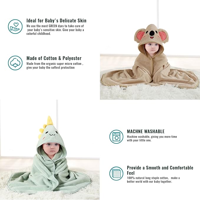 2 Pack Premium Soft Baby Bath Towels with Hood - Green Dinosaur + Brown Koala - Ultra Absorbent, Baby Stuff Shower for Boys and Girls