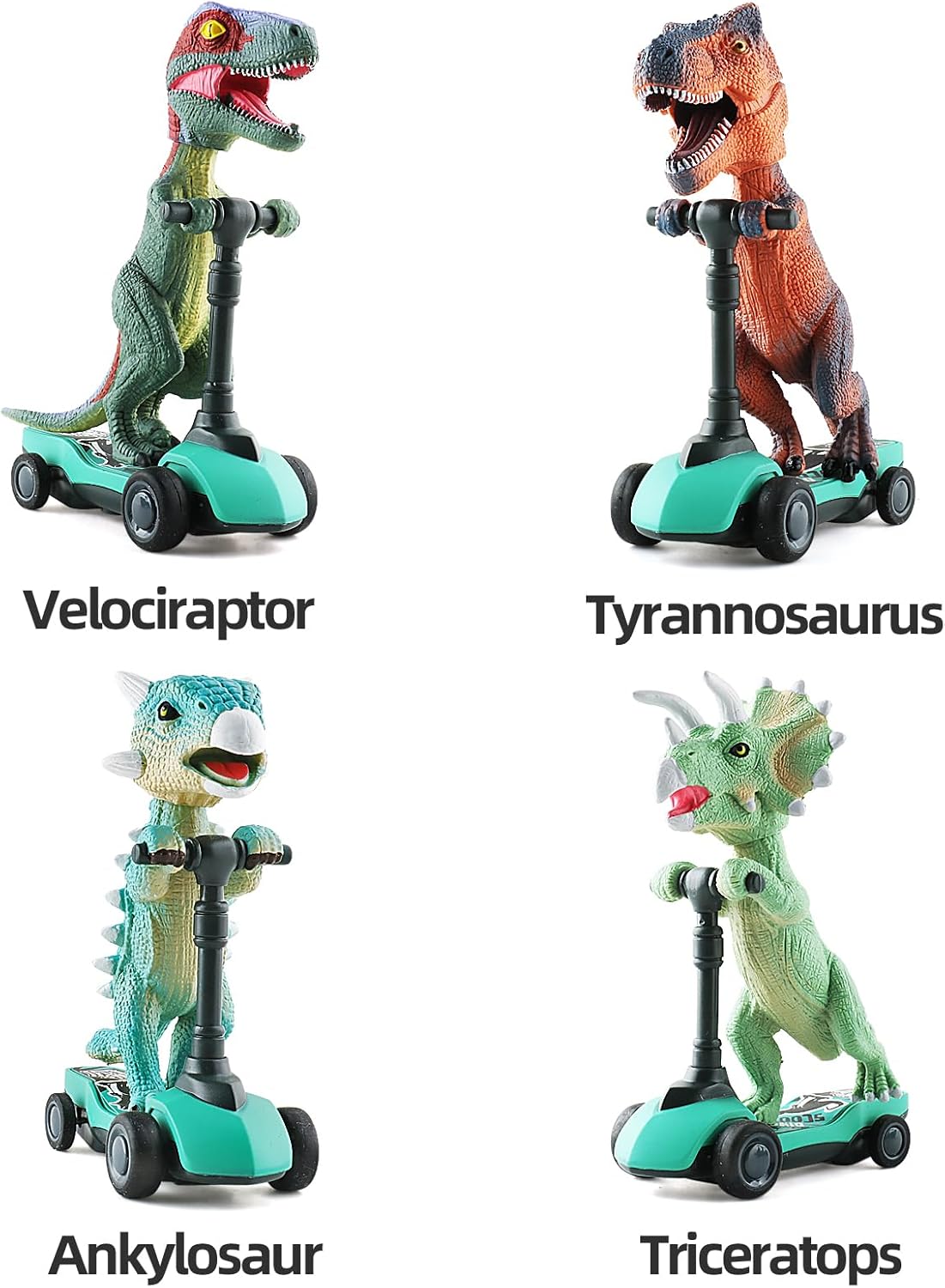 DINOBROS Dinosaur Scooter Toys Pull Back Cars Mini Finger Kick Scooters Boy Toy Age 3 4 5 6, Dino Gift Sets for Kids 4-Pack