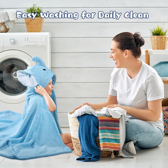 Toddler Bath Towel with Animal Hood for 0-5 Years,2 Pack Coral Fleece Bath Towels with Large Size 50 in*32 in,Ultra Absorbent Thick Soft for for Baby Kids Chirdern, Blue Elephant & Yellow Lion
