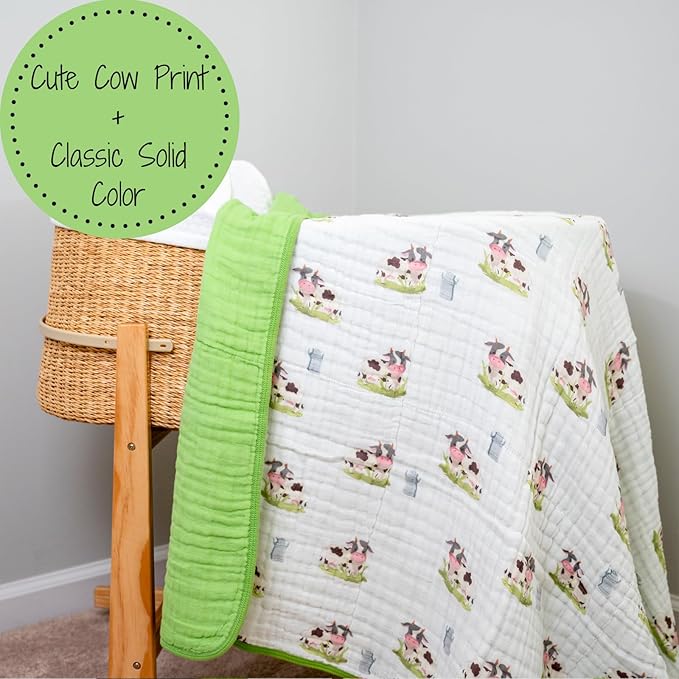 LollyBanks Muslin Baby Blanket 100% Organic Cotton, Muslin Quilt Lightweight, 6 Layers Baby Blankets 47"x 47", Toddler Blanket for Boy and Girl, Nursery Receiving Blankets (Cows Print)