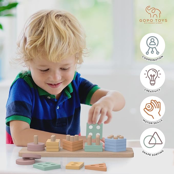 GOPO TOYS Montessori Toys for 1+ Year Old – Wooden Shape Sorter & Stacking Puzzle – Toddler Learning, Fine Motor Skills & Developmental Toy for Boys & Girls