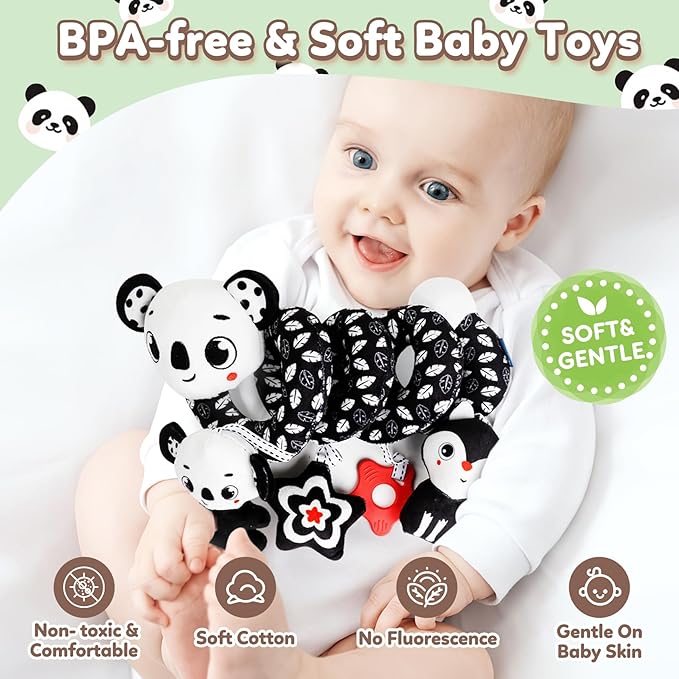 Baby Carseat Toy Black & White Rattle Spiral Hanging Activity Stroller Toy for Newborns Boys and Girls - Coala