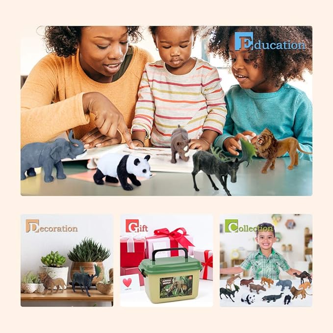 Mini Tudou 12 Pcs Safari Animals Figures Toys w/ 57x38.6’’ Large Activity Play Mat, Realistic Jumbo Jungle Wild Zoo Animals Figurines Playset w/Elephant, Giraffe, Lion for Kids Boys