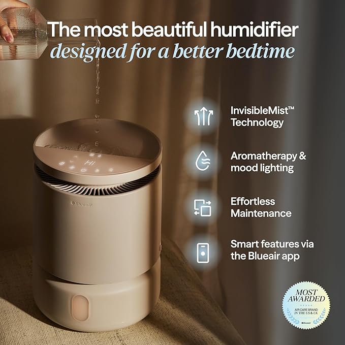 BLUEAIR Room Humidifier - DreamWell - 48Hr Top-Fill Mist-Free InvisibleMist Technology Aroma Stone for Essential Oils and Soothing Mood Lighting - Quiet Operation for Bedroom and Home Use, Beige