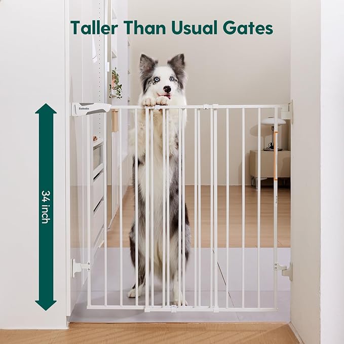 Babelio Baby Gate for Stairs & Doorways, 26-43" W 34" H Extra Tall| No Bottom Bar| Easy Installation| One-handed Operation| Auto-close| Hardware Mount (Drill Needed) Safety Dog/Pet Gate Indoor (White)