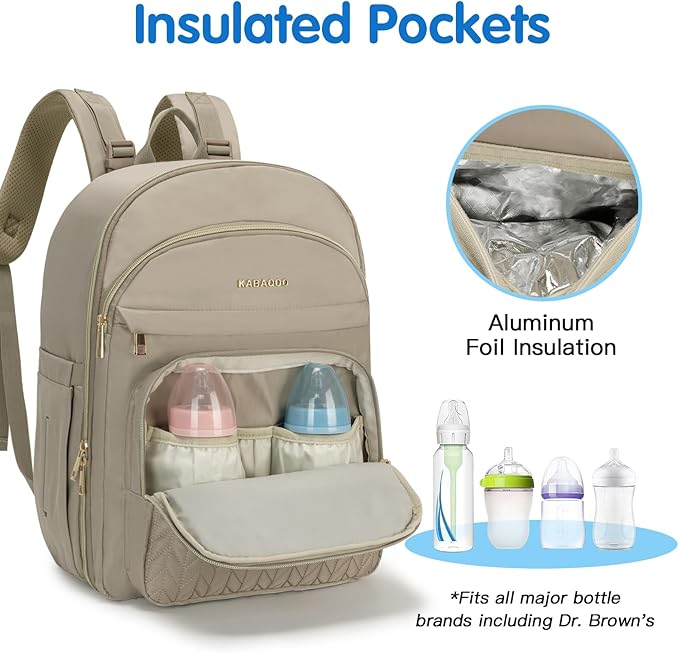 KABAQOO Baby Diaper Bag Backpack, Waterproof Diaper Backpack for Mom & Dad with Changing Pad, Insulated Pockets and Stroller Straps, Baby Shower Gifts for Girls & Boys, Brown Taupe