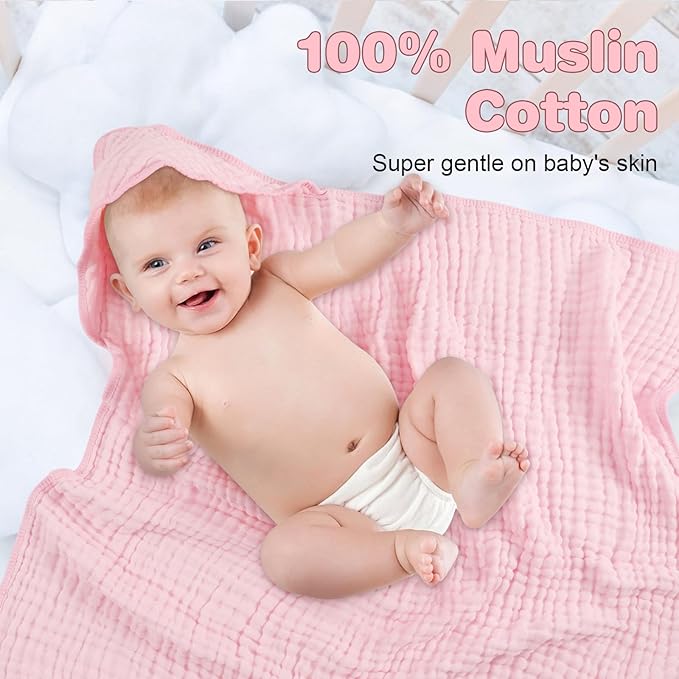 MUKIN Baby Hooded Towels, Muslin Cotton, 2-Pack, for Newborn, Infant, Toddler and Kids (White,Pink)