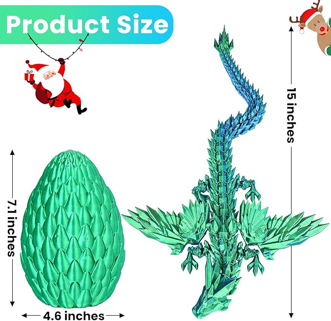 3D Printed Dragon Eggs with Articulated Fly Dragon Inside, Collectible Figurines Fidget Toy for Adults Kids Birthday Easter Christmas White Elephant Gifts for Friends Colleagues(Silk Green, L size)