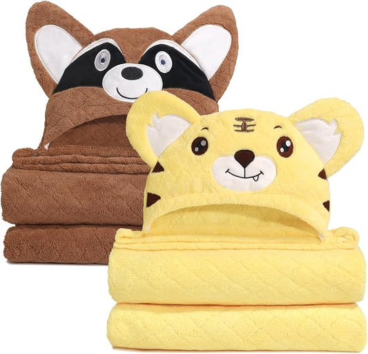 Toddler Towels with Hood, 2 PCS Kid Bath Towel with Animal Hooded for 0-5 Years,Super Soft Premium Coral Fleece Luxuriously Thick and Plush with Large Size 50"x32", Brown Bear& Yellow Tiger
