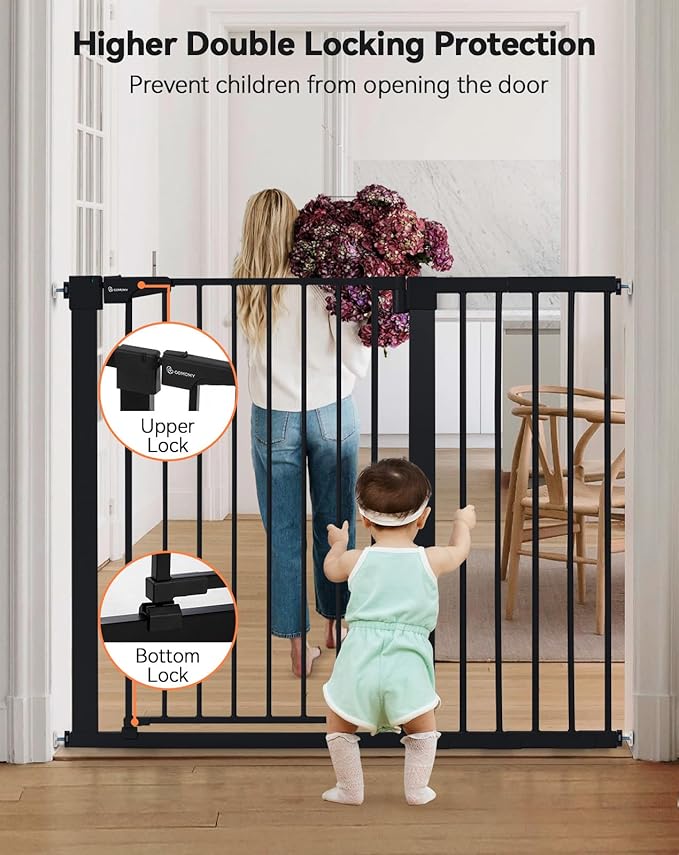 COMOMY 36" Extra Tall Baby Gate for Stairs Doorways, Fits Openings 29.5" to 46" Wide, Auto Close Extra Wide Dog Gate for House, Pressure Mounted Easy Walk Through Pet Gate with Door, Black