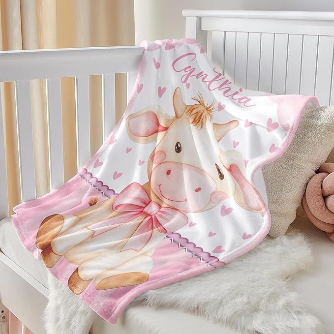 Personalized Baby Blanket for Girls, Custom Baby Blanket with Name, Soft Cozy Personalized Name Blankets for Kids, Customized Cow Blanket for Infant Toddler Birthday Christmas