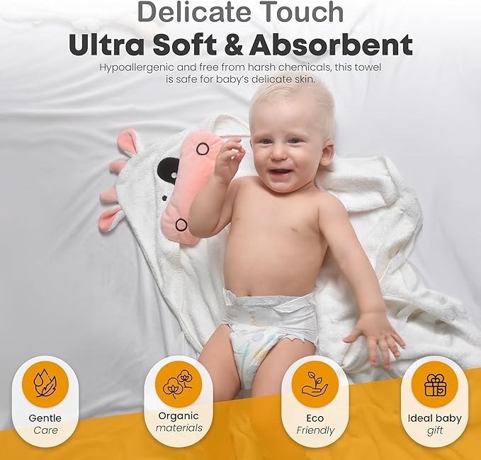 POCASOPA Hooded Towel with Cute Cow Design - Rayon Made from Bamboo Baby - Ultra Soft, Absorbent & Hypoallergenic - Large 35x35” Organic Towel for Newborns, Toddlers & Kids