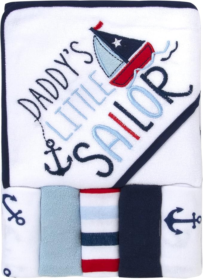 Baby Hooded Bath Towel and Washcloth Set for Infants, Boys and Girls 6-12 Months (Daddy's Sailor)