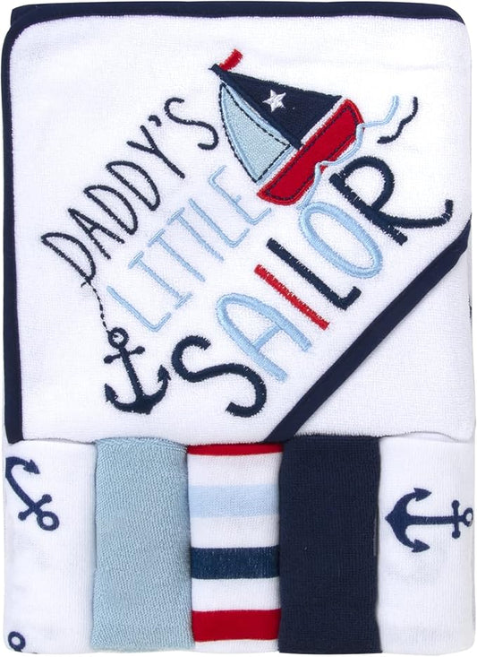 Baby Hooded Bath Towel and Washcloth Set for Infants, Boys and Girls 6-12 Months (Daddy's Sailor)
