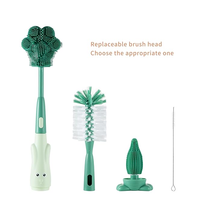 Chemimoso Cup Cleaning Brush, Silicone Baby Bottle Brush with Stand, Large Handle Water Bottle Brush Cleaner Set, with a Tiny Cup Lid Gap Cleaning Brushes Kit, Pawprint, Green