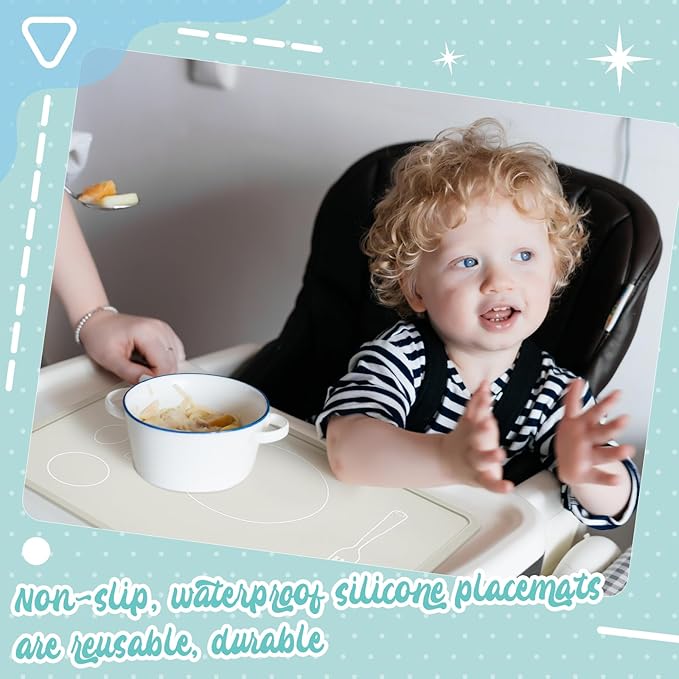 Zhehao 4 Pcs Montessori Kids Placemat 16 x 12'' Non Slip Baby Silicone Placemats for Toddlers Baby Eating Mat Food Mats for Toddler Dining Table Setting Learning Travel Kitchen(Neutral Colors)
