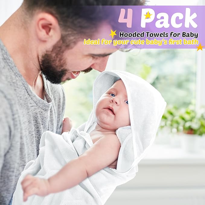 Reginary 4 Pack Baby Hooded Towels Coral Fleece Baby Bath Towels 30 x 30 Inch Soft Absorbent Hooded Bath Blanket for Newborn Toddler Infant Boy Girl Shower Gift Supplies (Pink, Purple, Yellow, Beige)
