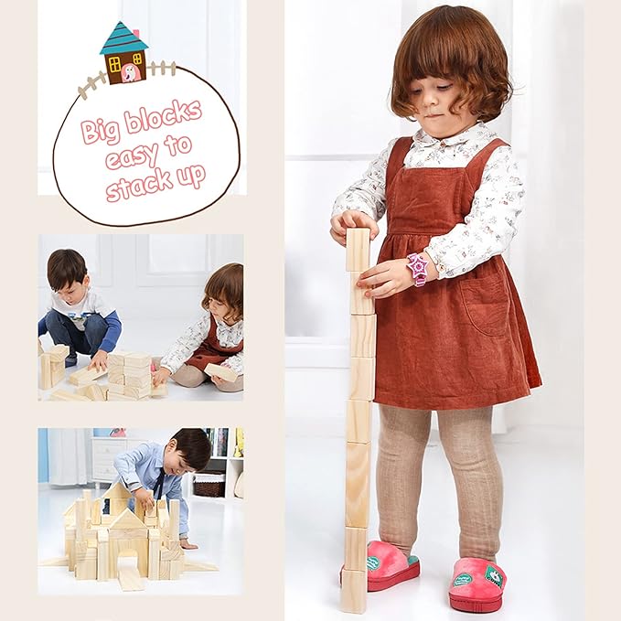 Onshine Large Wooden Blocks for Toddlers 1-3, 64 Pieces Big Wood Building Blocks Set with Wooden Storage Box, Large Toddler Blocks Building and Stacking Toys Construction Set