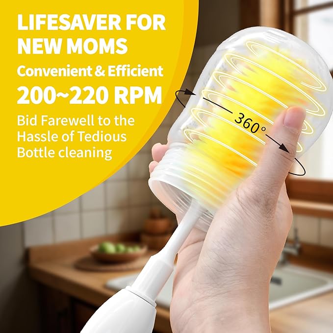 Electric Bottle Brush Cleaner New Upgrade, Portable Electric Baby Bottle Brush Cleaner for Travel, Travel Bottle Cleaner Kit with Nipple & Straw Brush, Perfect Mom Essentials After Birth Gift, Yellow