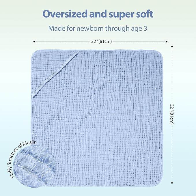 Hooded Baby Towels for Newborn - 2 Pack, 100% Muslin Cotton, Baby Bath Towels with Hood, Soft and Absorbent for Boys, Girls Infant, Toddler and Kids, Large 32x32 Inches, Newborn Essential
