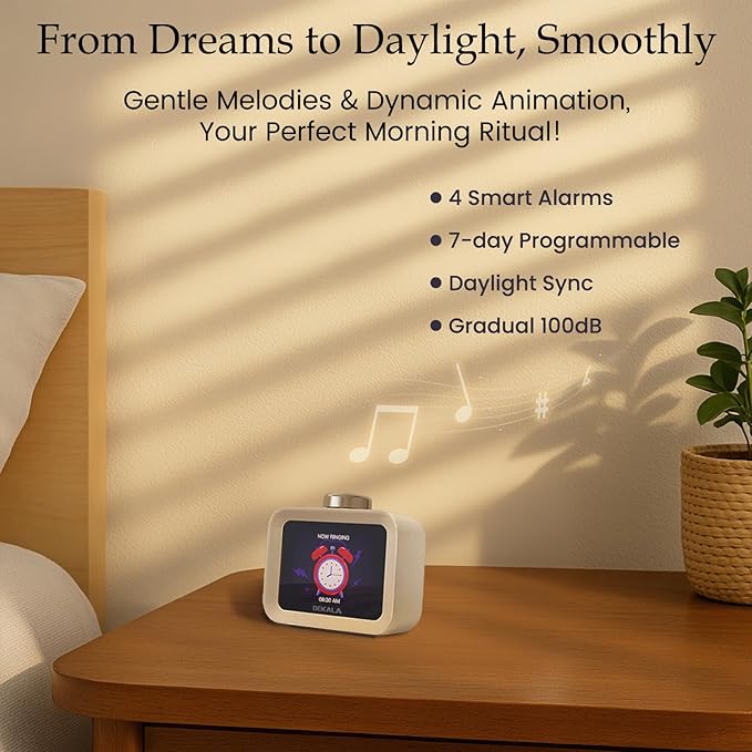 Dekala AuraDot White Noise Sound Machine for Sleep Temperature Humidity Monitor, 30 Non-Loop Soothing Sounds, Timer/Play All Night, Animationed Sleep Screen, 7-Day Programmable 4 Alarm Clock