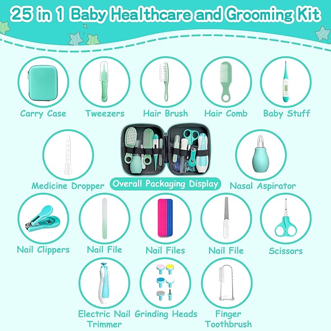 Baby Grooming Kit for Boys Girls Safety Newborn Nursery Essentials Grooming Set Gift for First-time Parents, Green 25 in 1