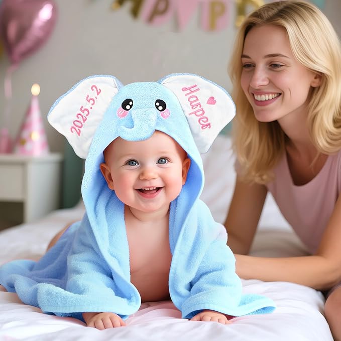 Custom Hooded Bath Towel with Name, Personalized Highly Absorbent Elephant Towels, Baby Bath Towels for Girls Boys, Christmas Brithday for Baby, Toddler, Newborn (Blue)