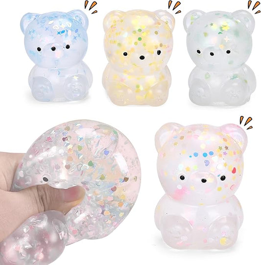 Neliblu Set of 4 Glitter Teddy Bear Squishies - Calming Sensory Toy for Stress Relief, Autism, ADHD - Cute Bear with Huggable Shapes - Gold Silver Pink Purple - Gift for Kids